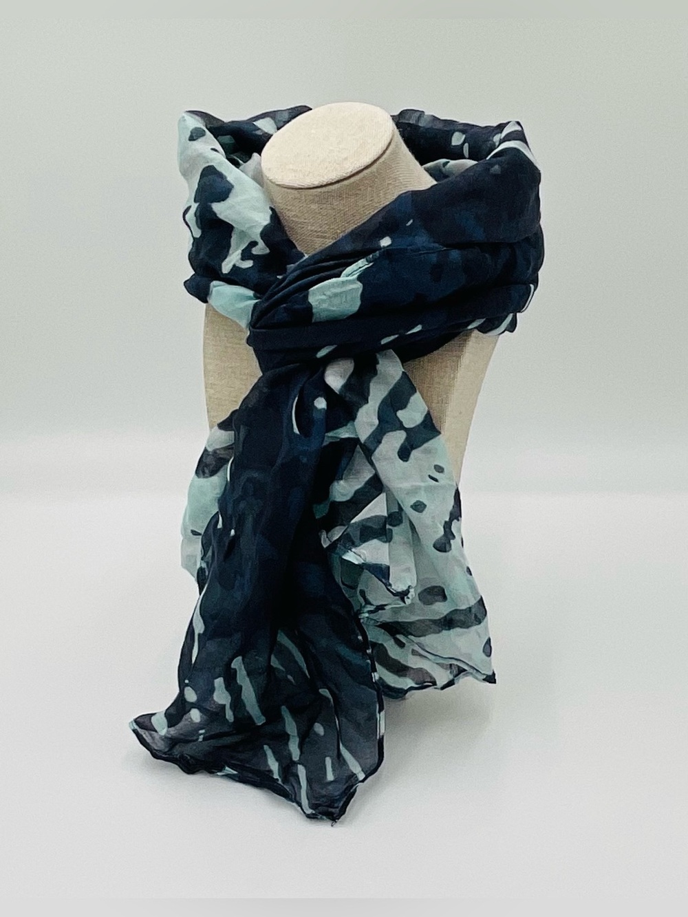 Sheer and Lightweight Navy Blue/Pale Aqua Water Reflection Print Scarf